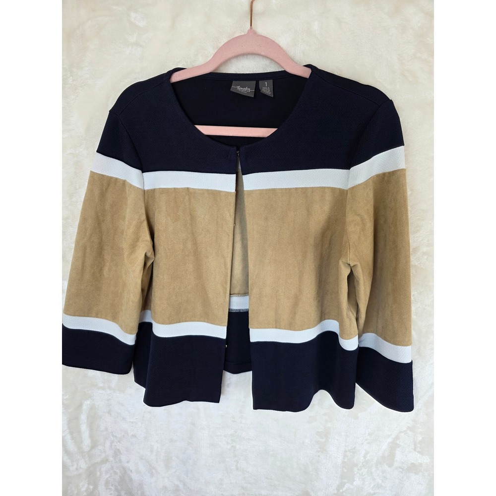 Chicos Travelers Collection Colorblock‎ Jacket Navy Tan White Size 1 Medium